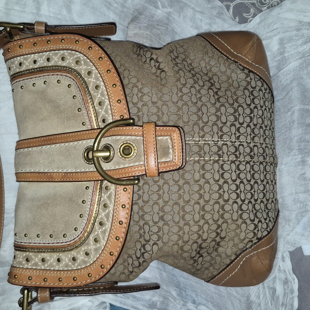 Coach Tan and Brown Micro Kissing Cs Studded Suede and Leather Soho Y2K
